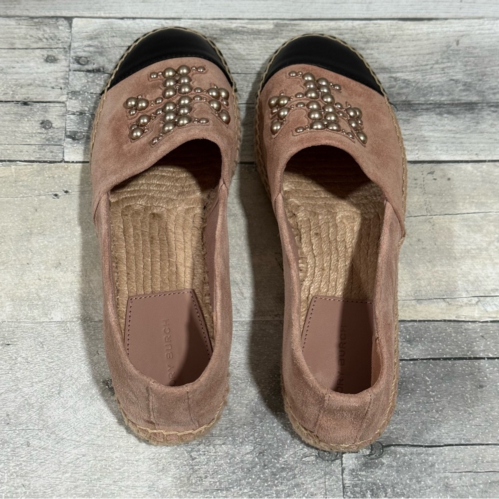 TORY BURCH PEARL LOGO SUEDE FLAT ESPADRILLES CAP TOE IN MEADOW SWEET - SZ - 7 - Picture 3 of 10